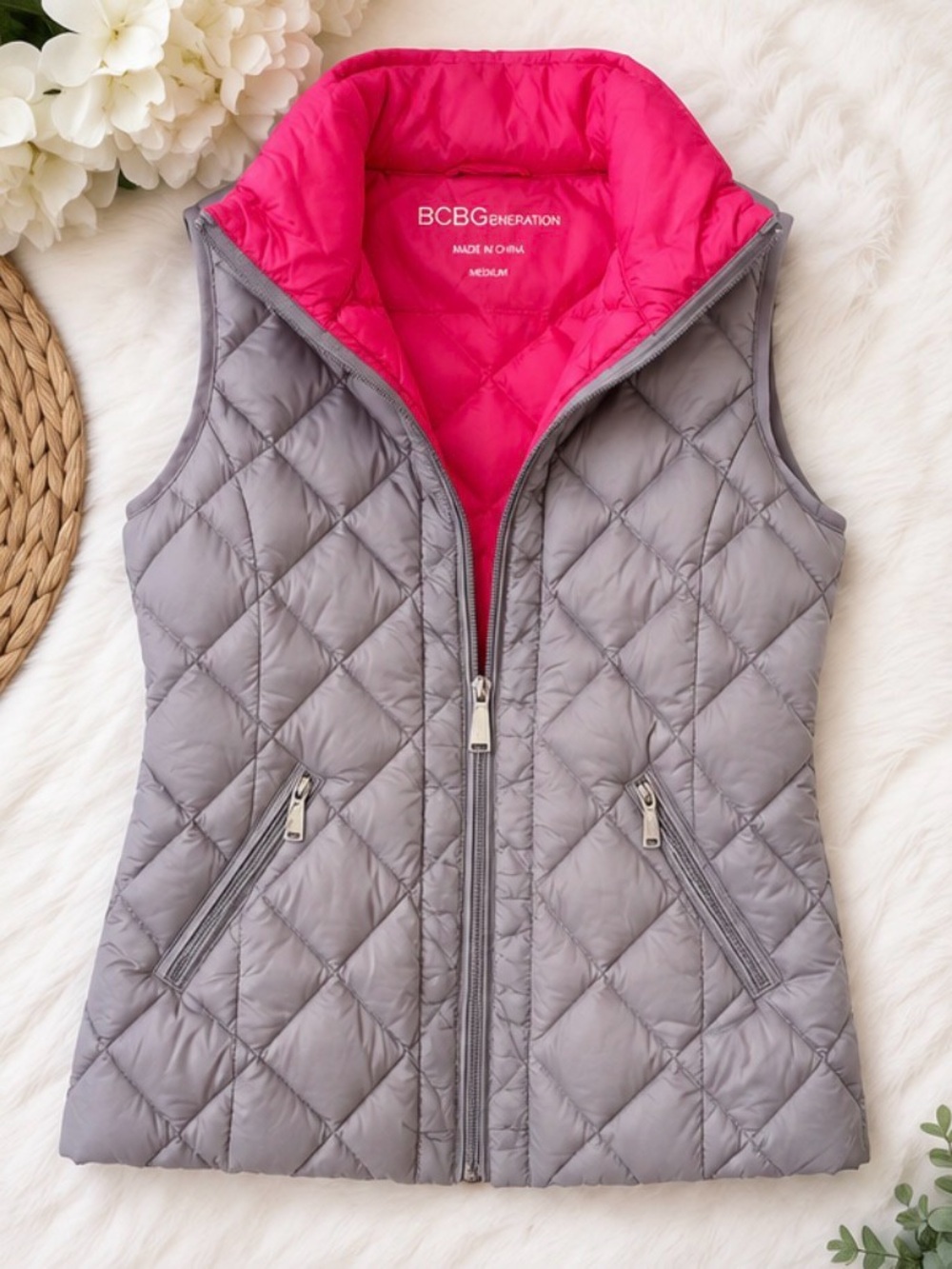 BCBGeneration Quilted Light Gray Vest with Hot Pink Lining